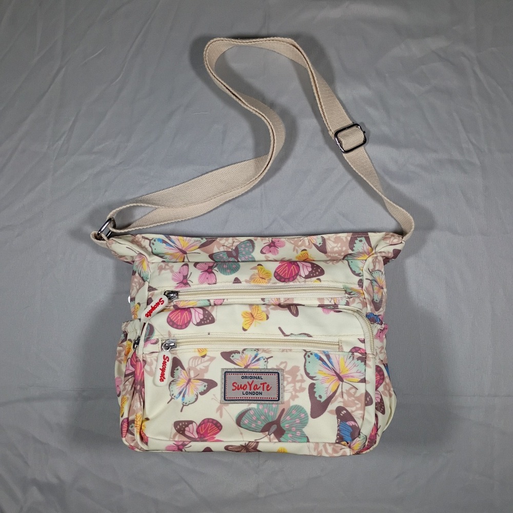 SuoYaTe London Butterfly Print Crossbody Bag Cream Canvas Multi Pocket Messenger